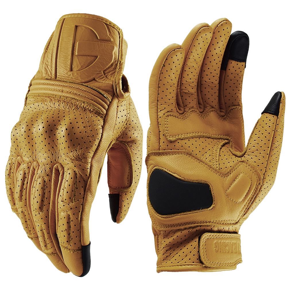 Yellow Cycling Gear - Vintage Motorrad-Lederhandschuhe Gelb Vollfingerhandschuhe Motorrad-Schutzausrüstung Touchscreen-fähig
